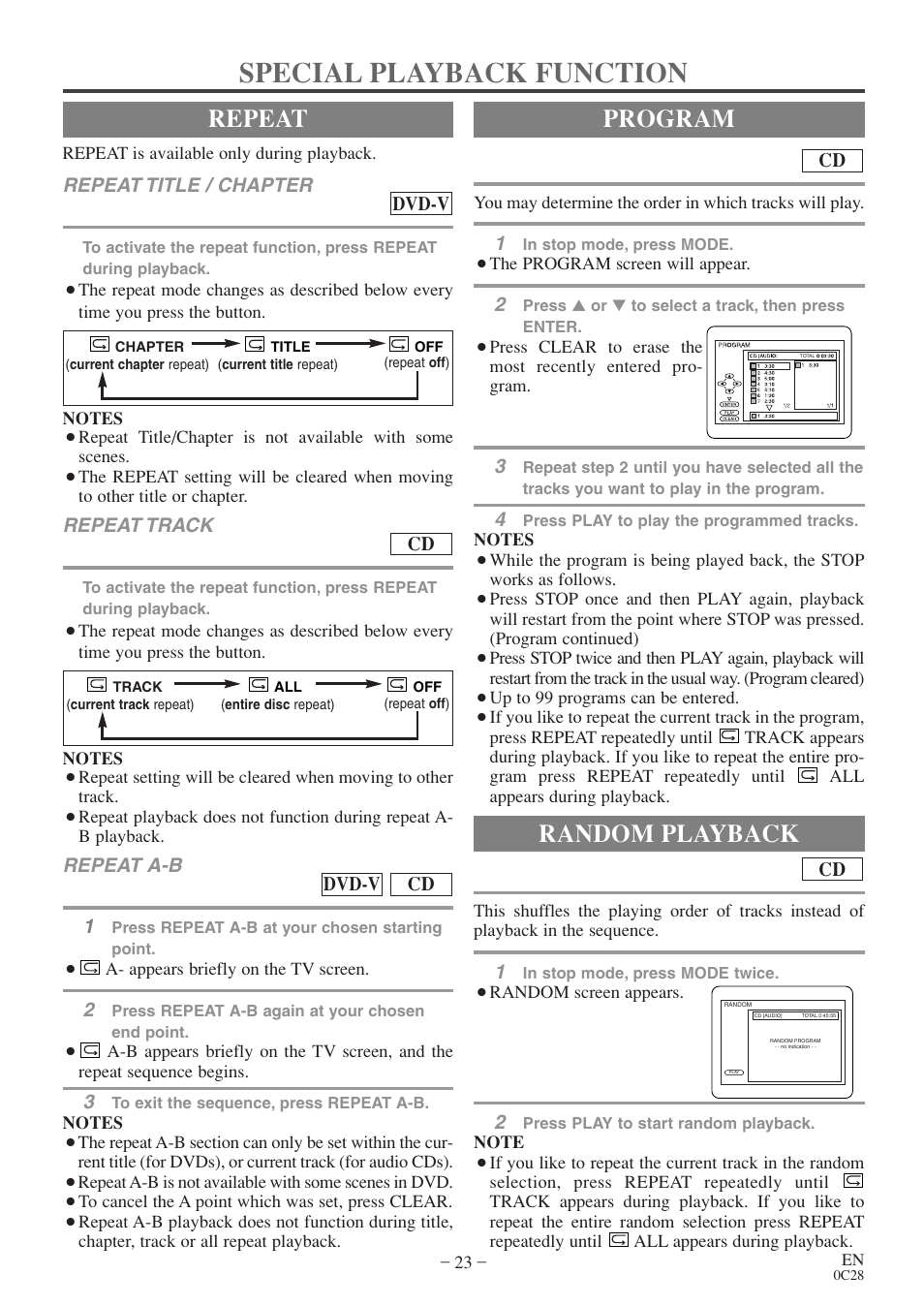 Special playback function, Repeat, Program | Random playback | Sylvania 6513VD User Manual | Page 23 / 39