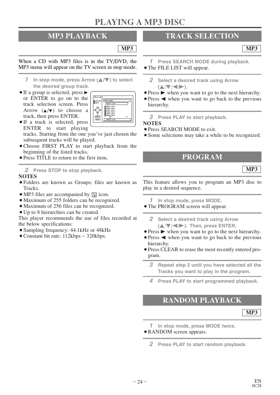 Playing a mp3 disc, Mp3 playback, Track selection | Random playback, Program | Sylvania 6513VD User Manual | Page 24 / 39