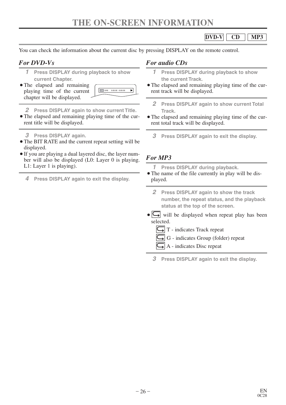 The on-screen information, For dvd-vs, For audio cds | For mp3 | Sylvania 6513VD User Manual | Page 26 / 39
