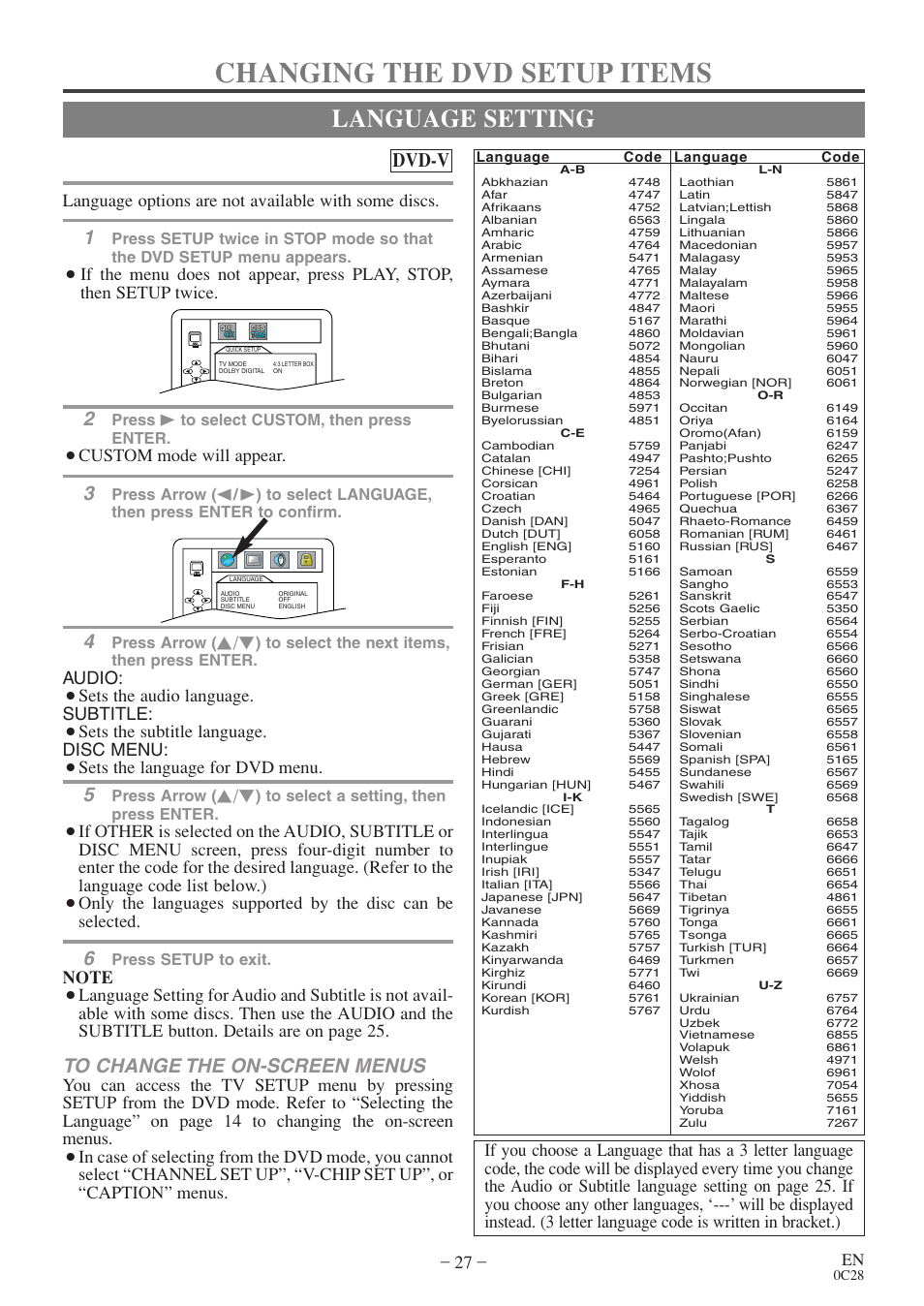 Changing the dvd setup items, Language setting, Dvd-v | Language options are not available with some discs, Custom mode will appear, Audio, Sets the audio language. subtitle, Sets the subtitle language. disc menu, Sets the language for dvd menu, Press b to select custom, then press enter | Sylvania 6513VD User Manual | Page 27 / 39