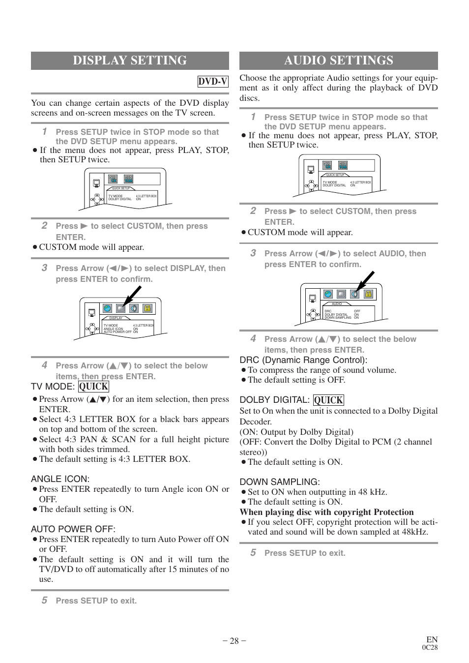 Audio settings, Display setting, Quick | Quick dvd-v | Sylvania 6513VD User Manual | Page 28 / 39