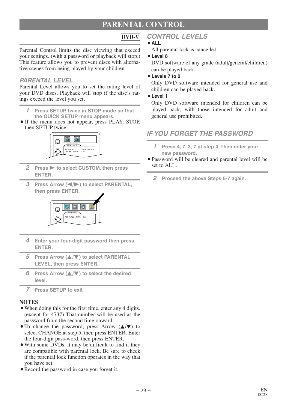 Parental control, Control levels, If you forget the password | Sylvania 6513VD User Manual | Page 29 / 39