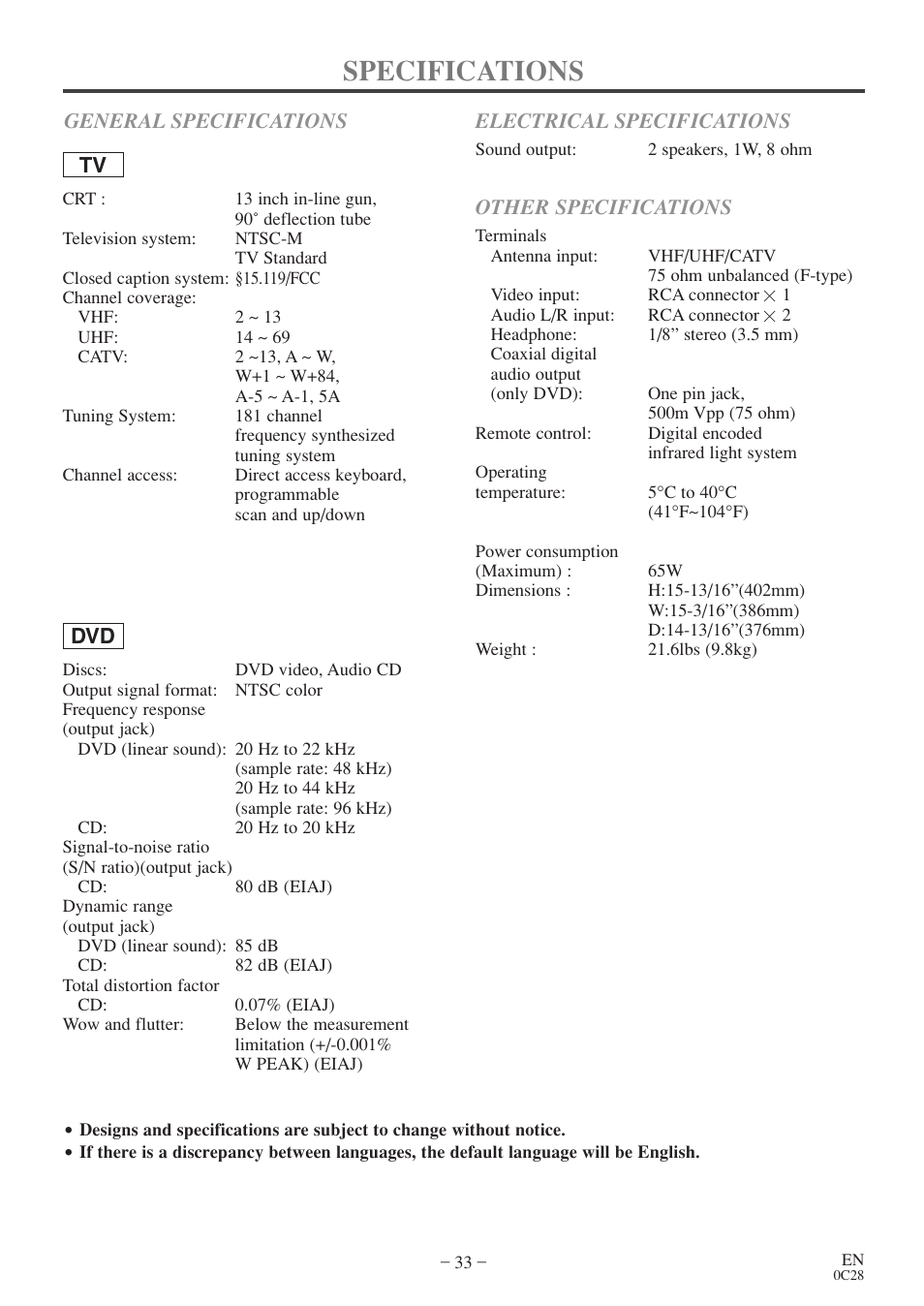 Specifications, Other specifications | Sylvania 6513VD User Manual | Page 33 / 39