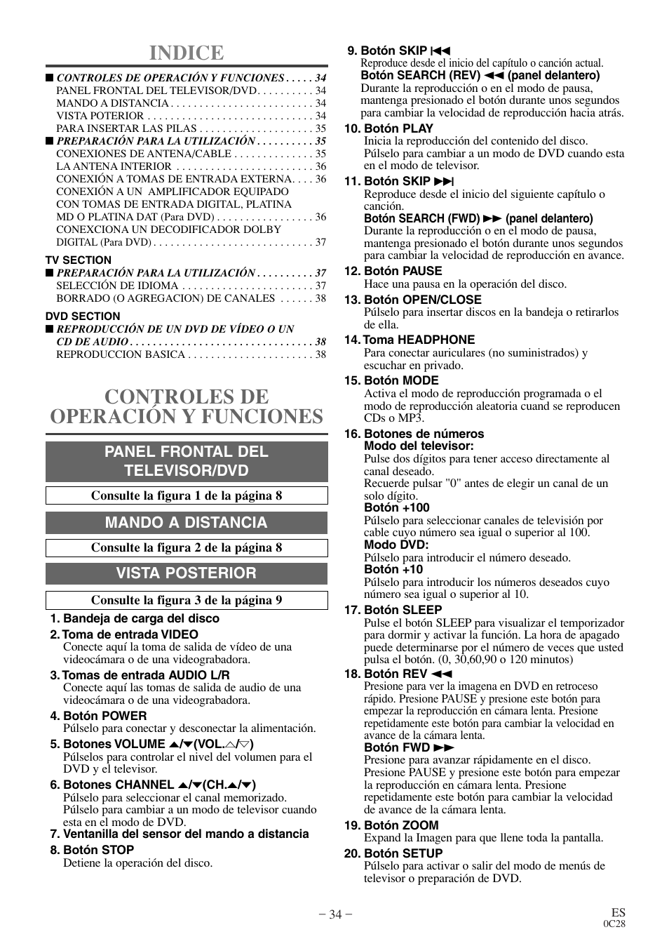 Indice, Controles de operación y funciones, Panel frontal del televisor/dvd | Mando a distancia, Vista posterior | Sylvania 6513VD User Manual | Page 34 / 39