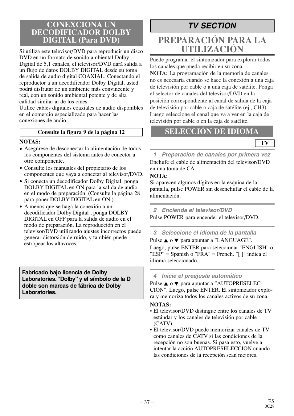 Preparación para la utilización, Selección de idioma | Sylvania 6513VD User Manual | Page 37 / 39