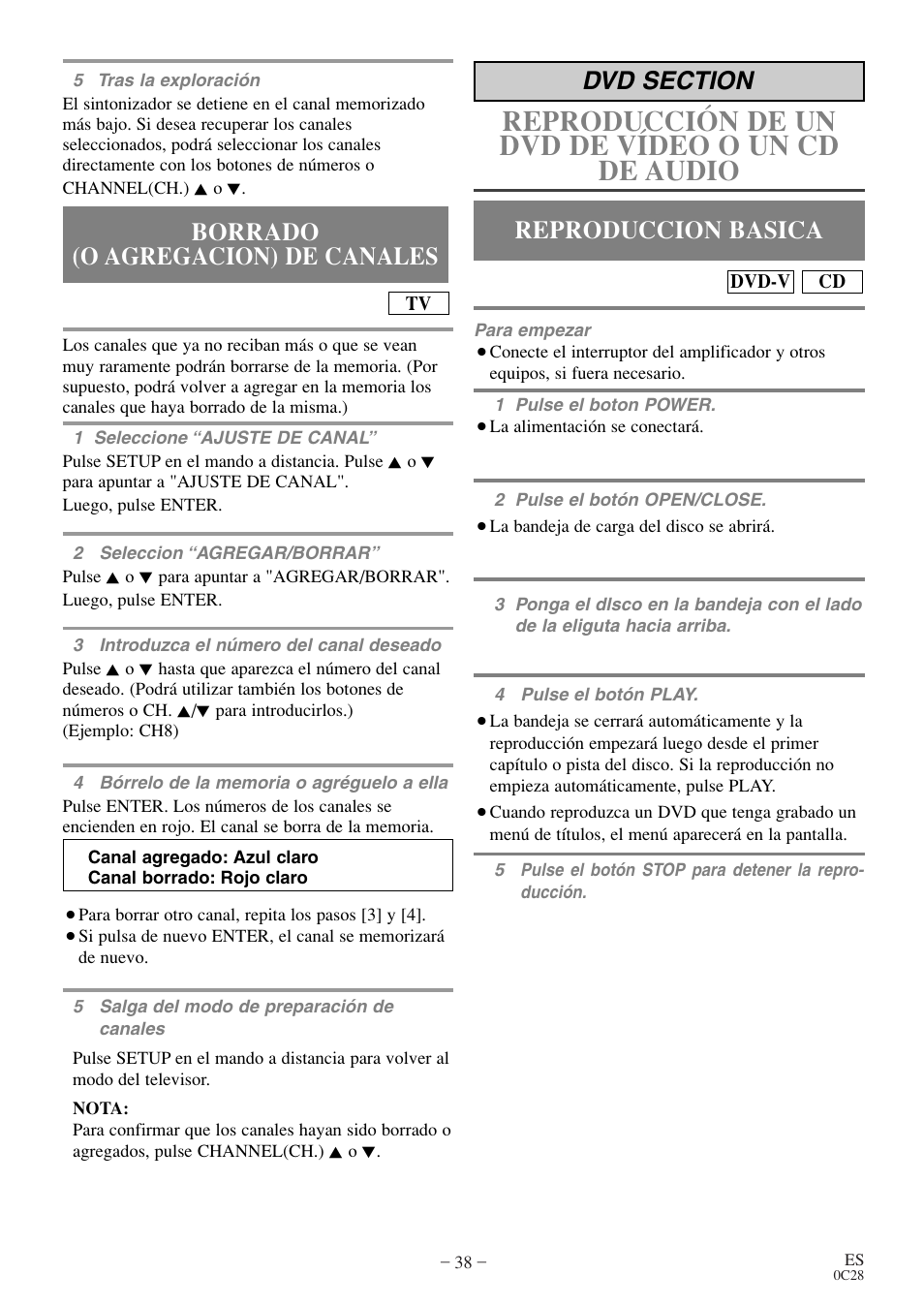 Reproducción de un dvd de vídeo o un cd de audio, Reproduccion basica, Borrado (o agregacion) de canales | Sylvania 6513VD User Manual | Page 38 / 39
