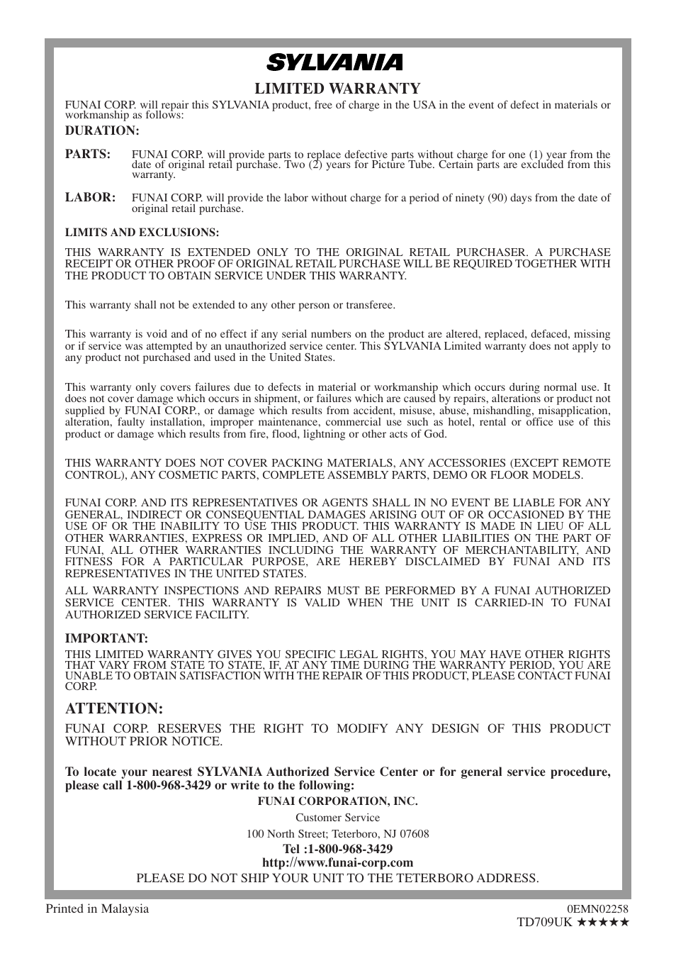 Limited warranty, Attention | Sylvania 6513VD User Manual | Page 39 / 39