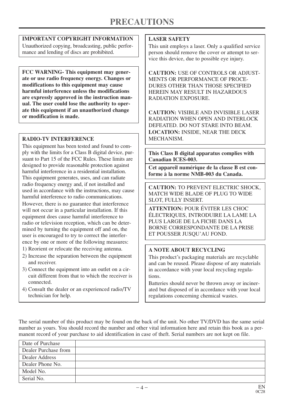 Precautions | Sylvania 6513VD User Manual | Page 4 / 39