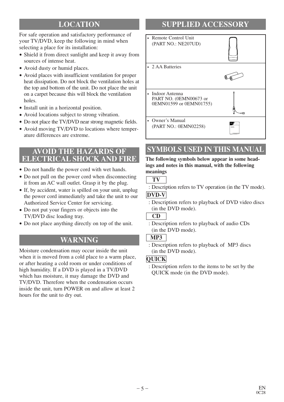 Warning, Symbols used in this manual supplied accessory | Sylvania 6513VD User Manual | Page 5 / 39