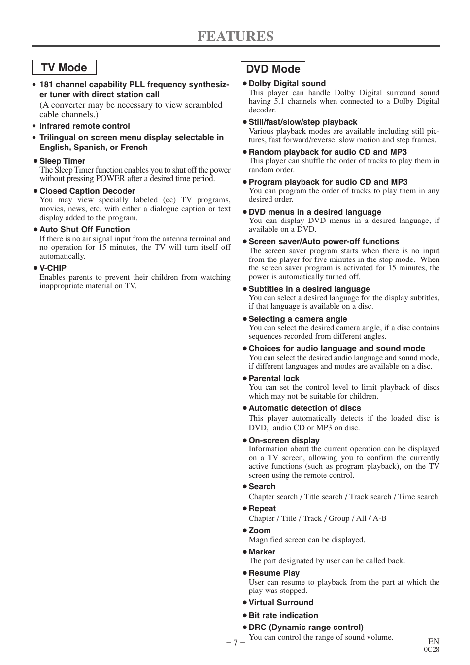 Features, Tv mode dvd mode | Sylvania 6513VD User Manual | Page 7 / 39