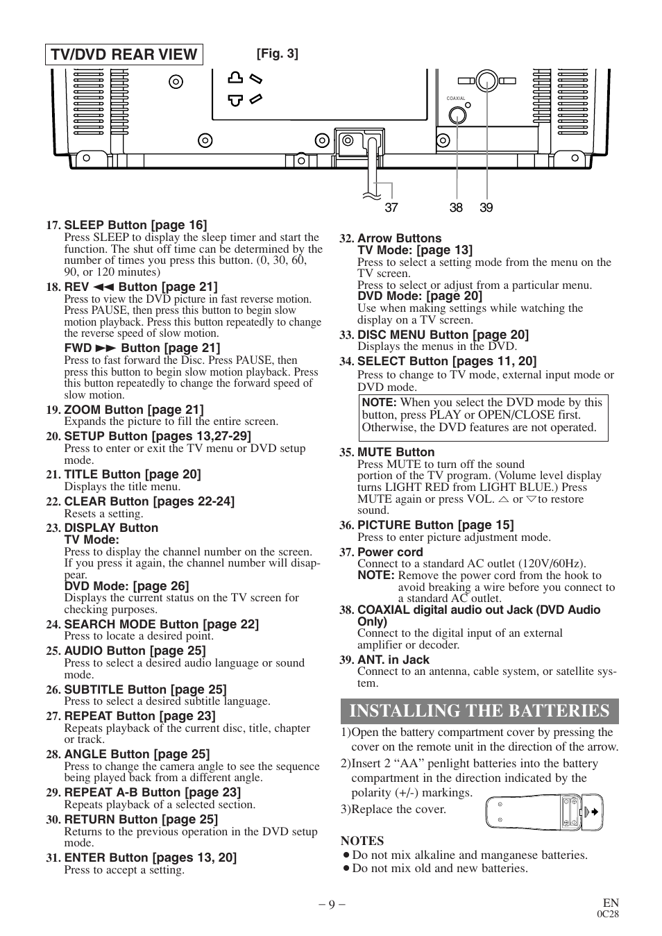 Installing the batteries, Tv/dvd rear view | Sylvania 6513VD User Manual | Page 9 / 39