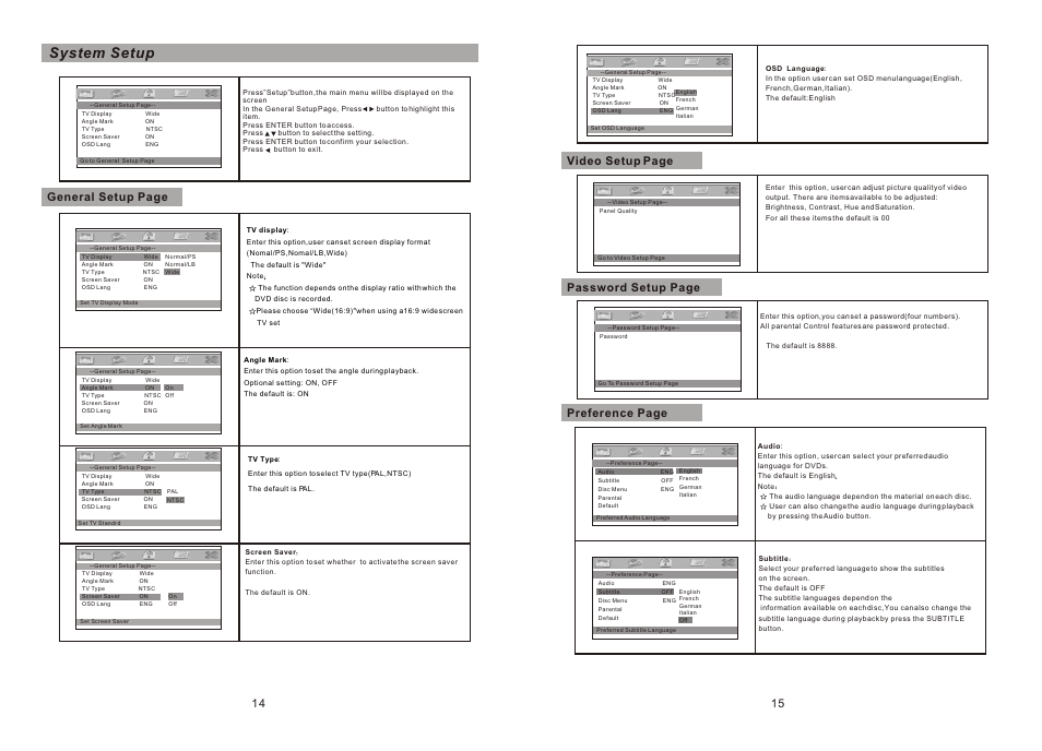 Т³гж 9, System setup, 14 general setup page | 15 password setup page, Video setup page preference page | Sylvania SDVD7027 User Manual | Page 9 / 11