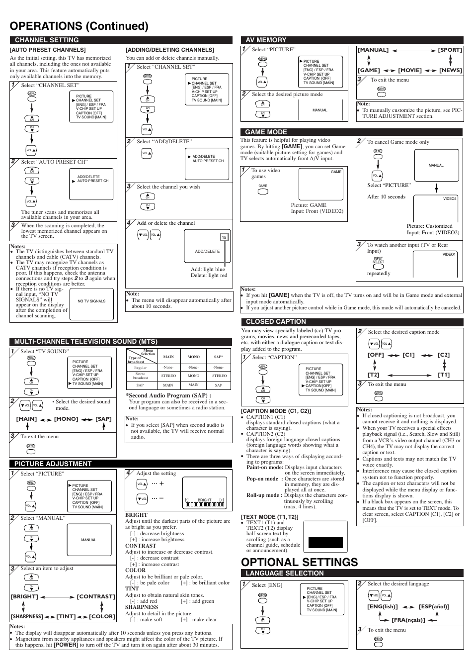 Operations (continued) optional settings, Language selection, Picture adjustment | Channel setting, Game mode, Multi-channel television sound (mts), Closed caption | Sylvania 6432TF User Manual | Page 3 / 8