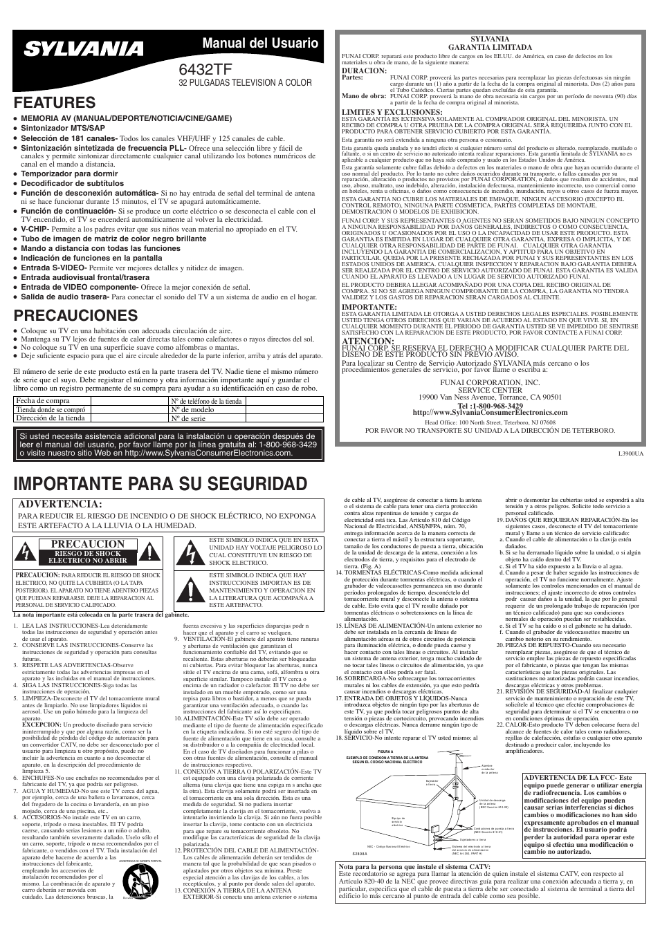 Importante para su seguridad, Features, 6432tf | Precauciones, Manual del usuario, Advertencia, Precaucion, 32 pulgadas television a color, Atencion | Sylvania 6432TF User Manual | Page 5 / 8