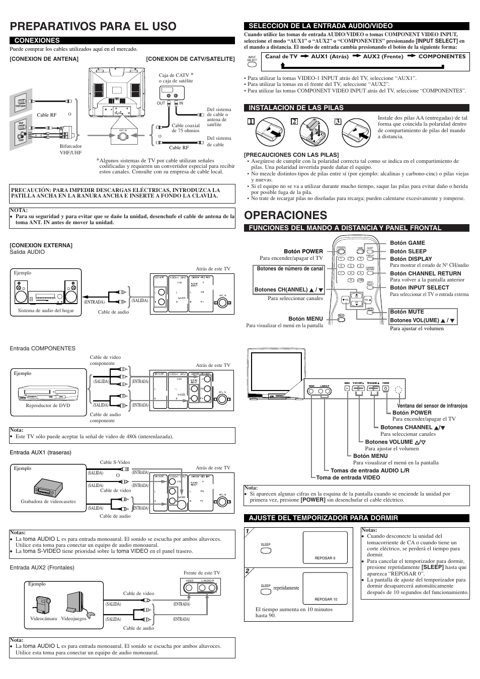 Preparativos para el uso, Operaciones, Video l-audio-r menu volume channel power | Instalacion de las pilas, 21 3 conexiones, Seleccion de la entrada audio/video, Ajuste del temporizador para dormir, Funciones del mando a distancia y panel frontal | Sylvania 6432TF User Manual | Page 6 / 8