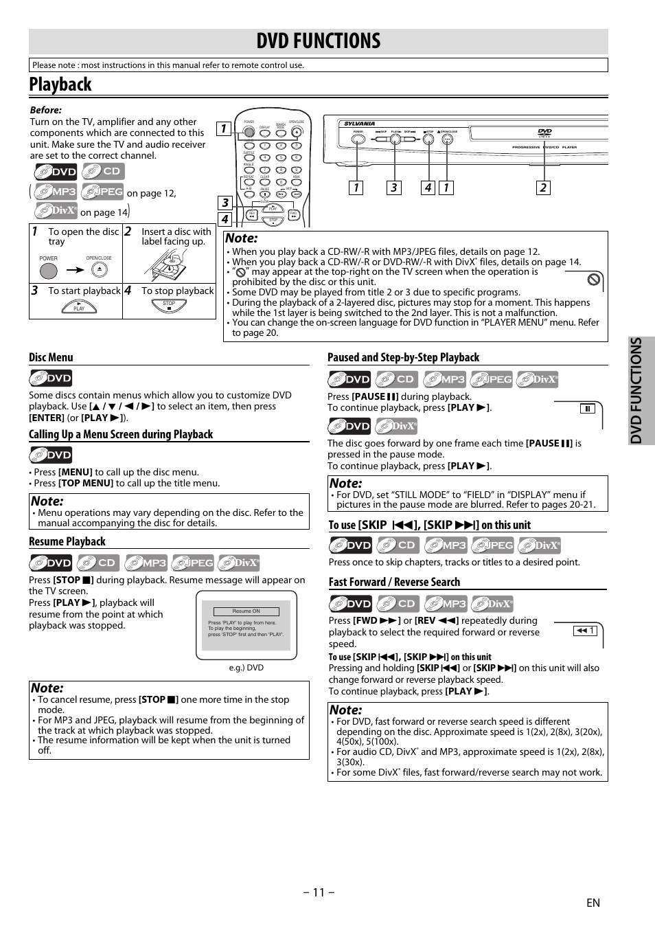 Playback, Dvd functions, Paused and step-by-step playback | Fast forward / reverse search, Resume playback, Disc menu, Calling up a menu screen during playback | Sylvania DP170SL8 User Manual | Page 11 / 28