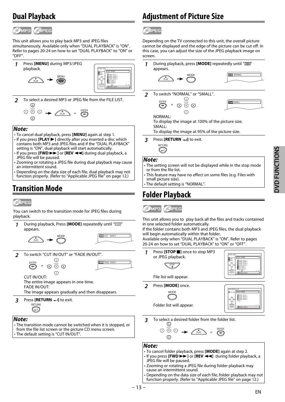 Dual playback, Transition mode, Adjustment of picture size | Folder playback, Dvd functions | Sylvania DP170SL8 User Manual | Page 13 / 28