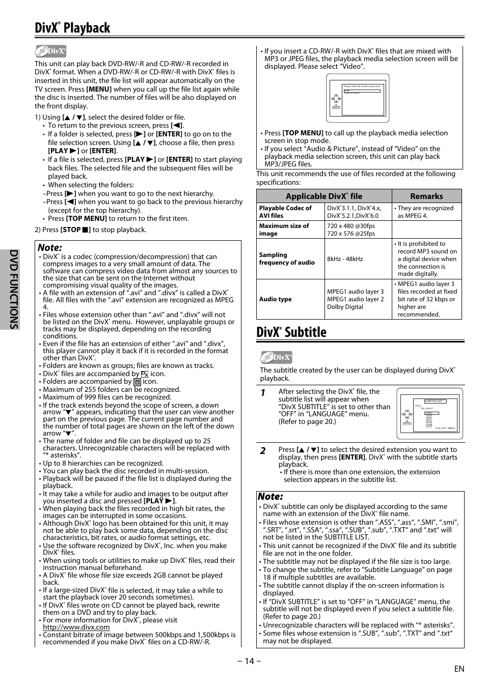 Divx, Playback, Subtitle | Dvd functions | Sylvania DP170SL8 User Manual | Page 14 / 28