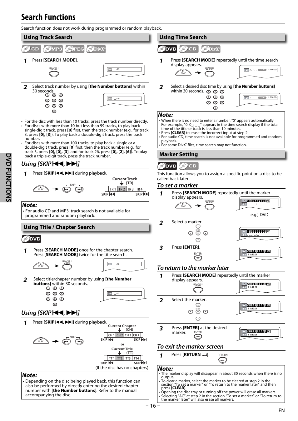 Search functions, Dvd functions, Using [skip | Using track search, Using time search, Marker setting, Using title / chapter search | Sylvania DP170SL8 User Manual | Page 16 / 28