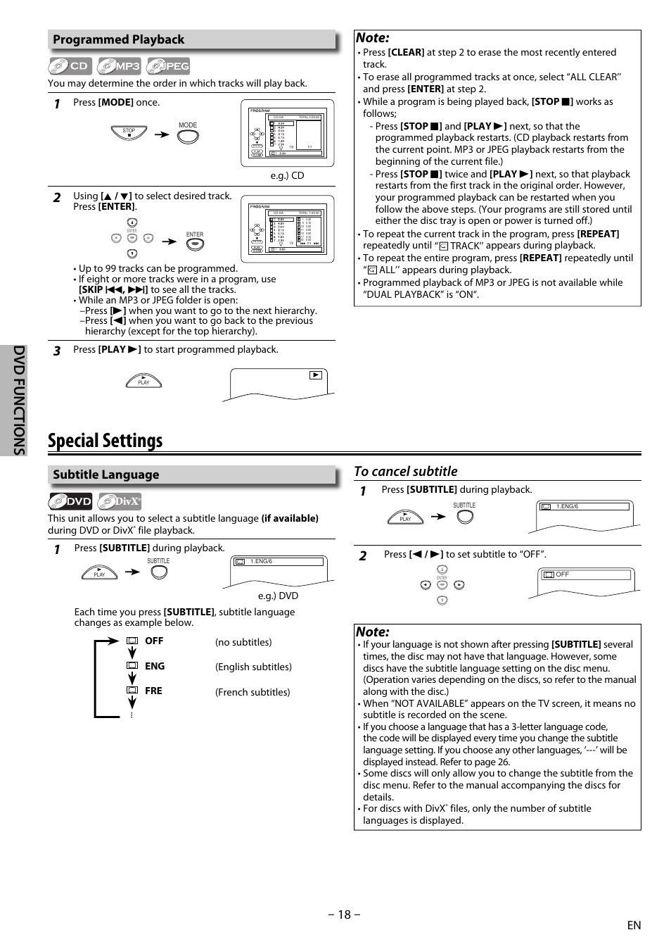 Special settings, Dvd functions, Subtitle language | Programmed playback | Sylvania DP170SL8 User Manual | Page 18 / 28