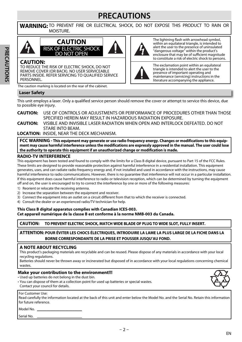 Caution, Warning, Precautions | Risk of electric shock do not open caution | Sylvania DP170SL8 User Manual | Page 2 / 28