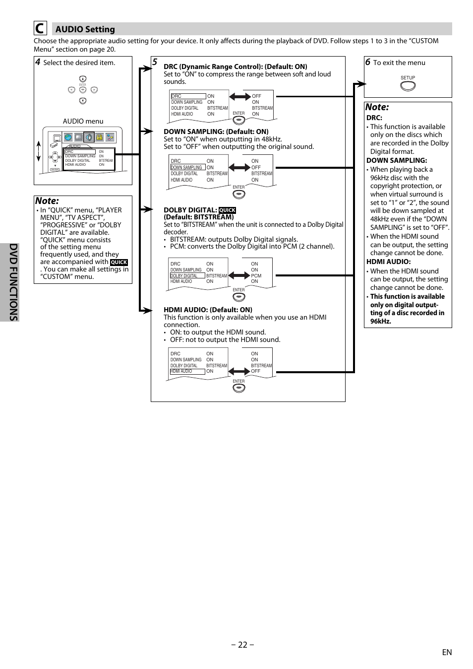 Dvd functions, Audio setting | Sylvania DP170SL8 User Manual | Page 22 / 28