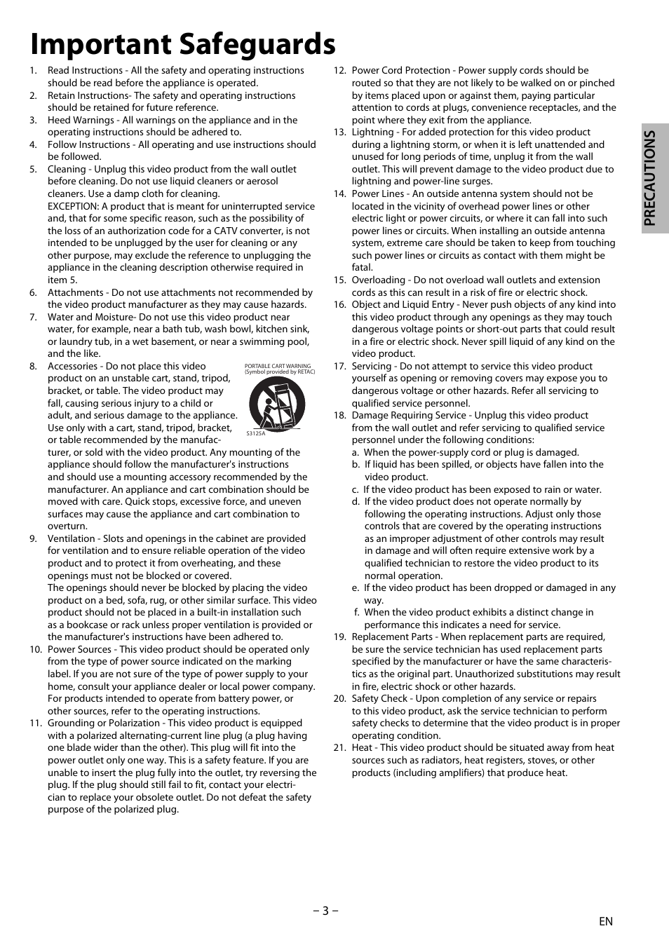 Important safeguards, Precautions | Sylvania DP170SL8 User Manual | Page 3 / 28