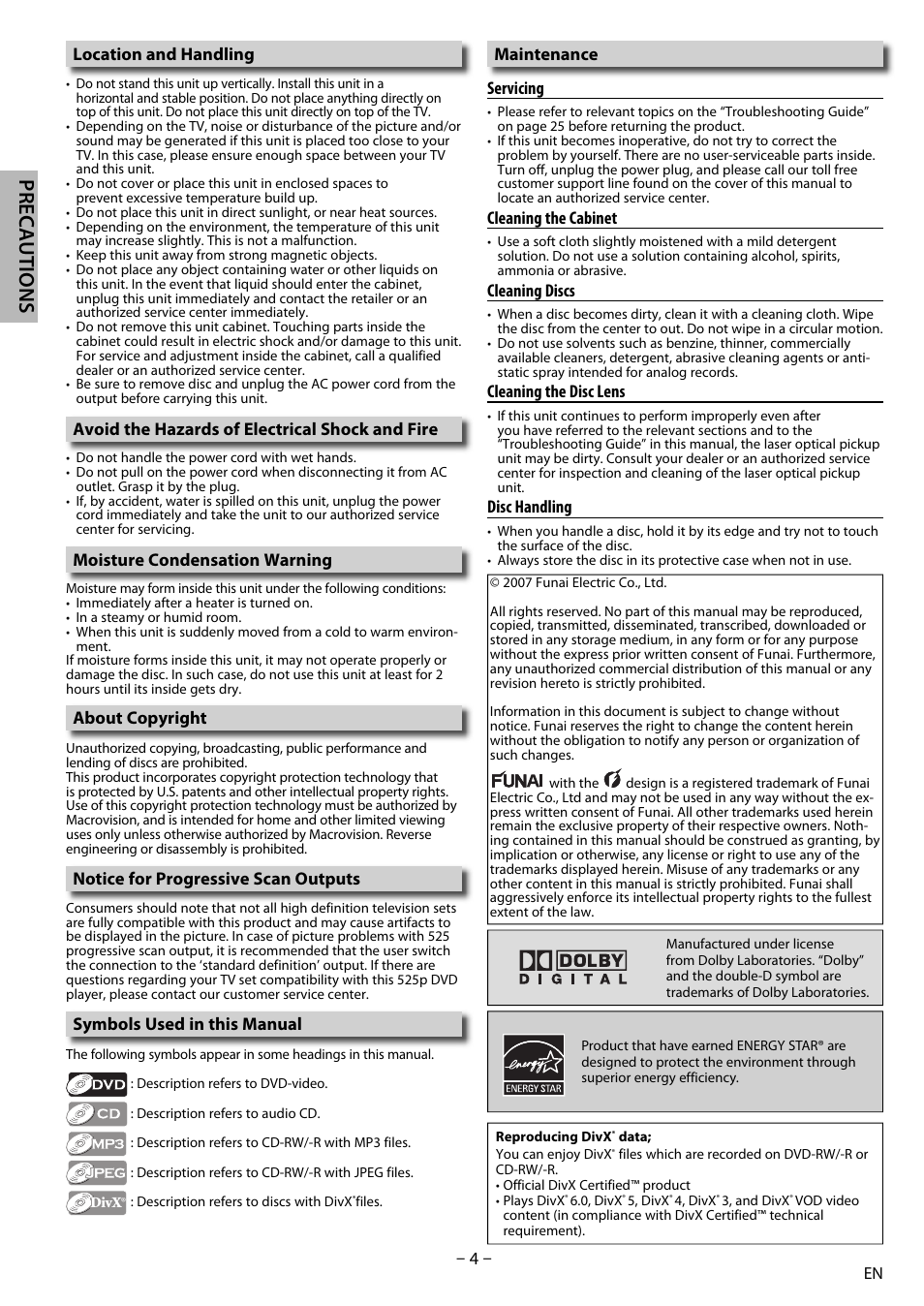 Precautions, Location and handling, Avoid the hazards of electrical shock and fire | Moisture condensation warning, About copyright, Notice for progressive scan outputs, Symbols used in this manual, Maintenance servicing, Cleaning the cabinet, Cleaning discs | Sylvania DP170SL8 User Manual | Page 4 / 28