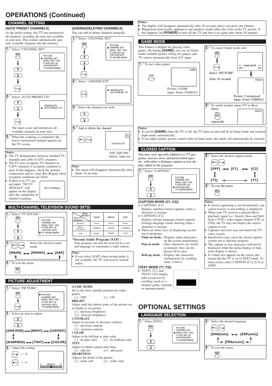 Operations (continued) optional settings, Picture adjustment, Channel setting | Language selection, Closed caption, Multi-channel television sound (mts), Game mode | Sylvania 6424TFS User Manual | Page 3 / 8