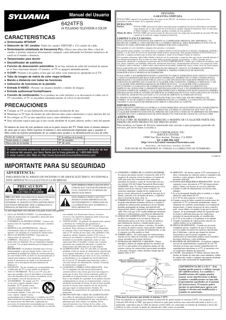 Importante para su seguridad, Caracteristicas, Precauciones | 6424tfs, Manual del usuario, Advertencia, Precaucion, 24 pulgadas television a color, Atencion | Sylvania 6424TFS User Manual | Page 5 / 8