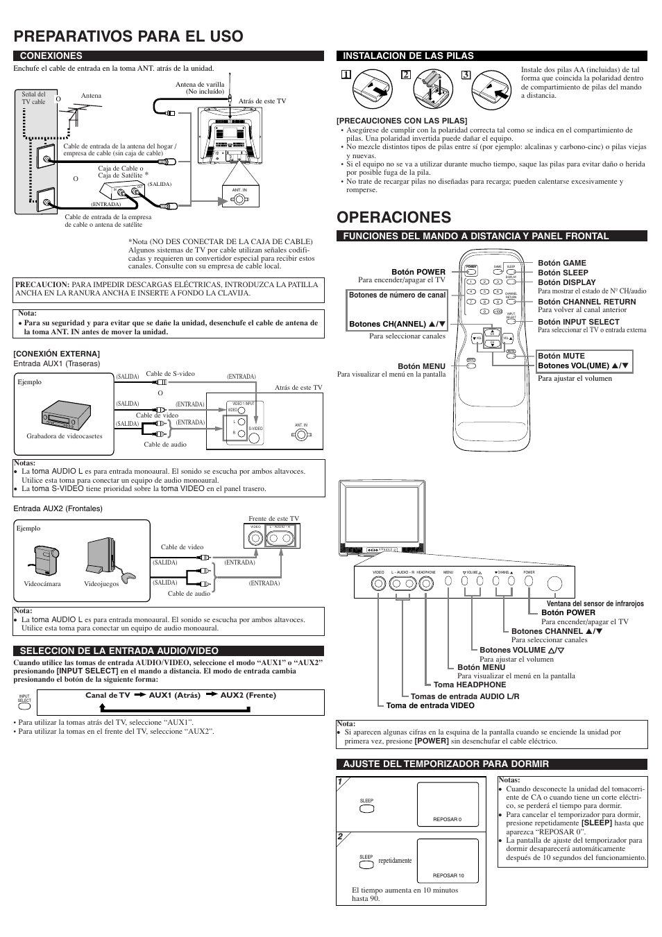 Preparativos para el uso, Operaciones, Ant. in l r video 1 in put video s-video | Conexiones, Funciones del mando a distancia y panel frontal, Instalacion de las pilas, Seleccion de la entrada audio/video, Ajuste del temporizador para dormir | Sylvania 6424TFS User Manual | Page 6 / 8