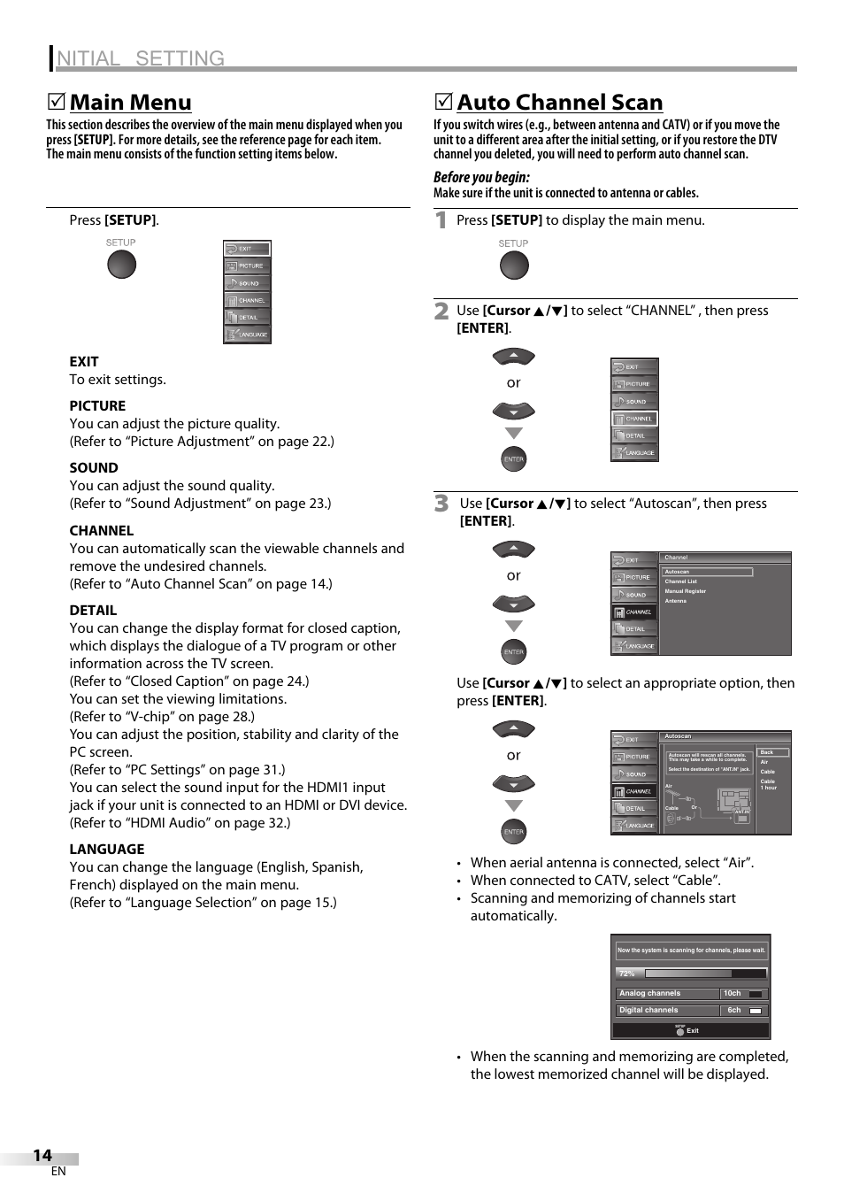 Nitial setting, Main menu, 5auto channel scan | Sylvania LC320SS9 B User Manual | Page 14 / 76