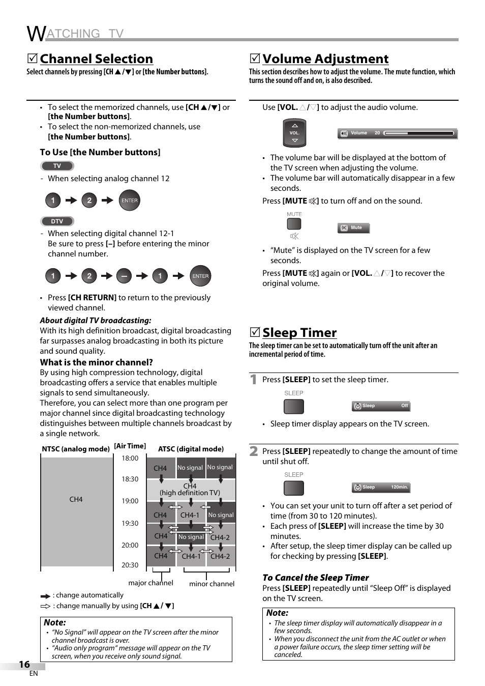 Atching tv, Channel selection, Volume adjustment | Sleep timer | Sylvania LC320SS9 B User Manual | Page 16 / 76
