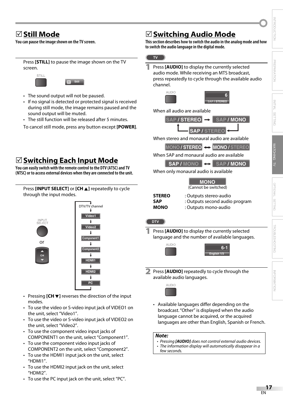 Still mode, Switching each input mode, Switching audio mode | Sylvania LC320SS9 B User Manual | Page 17 / 76