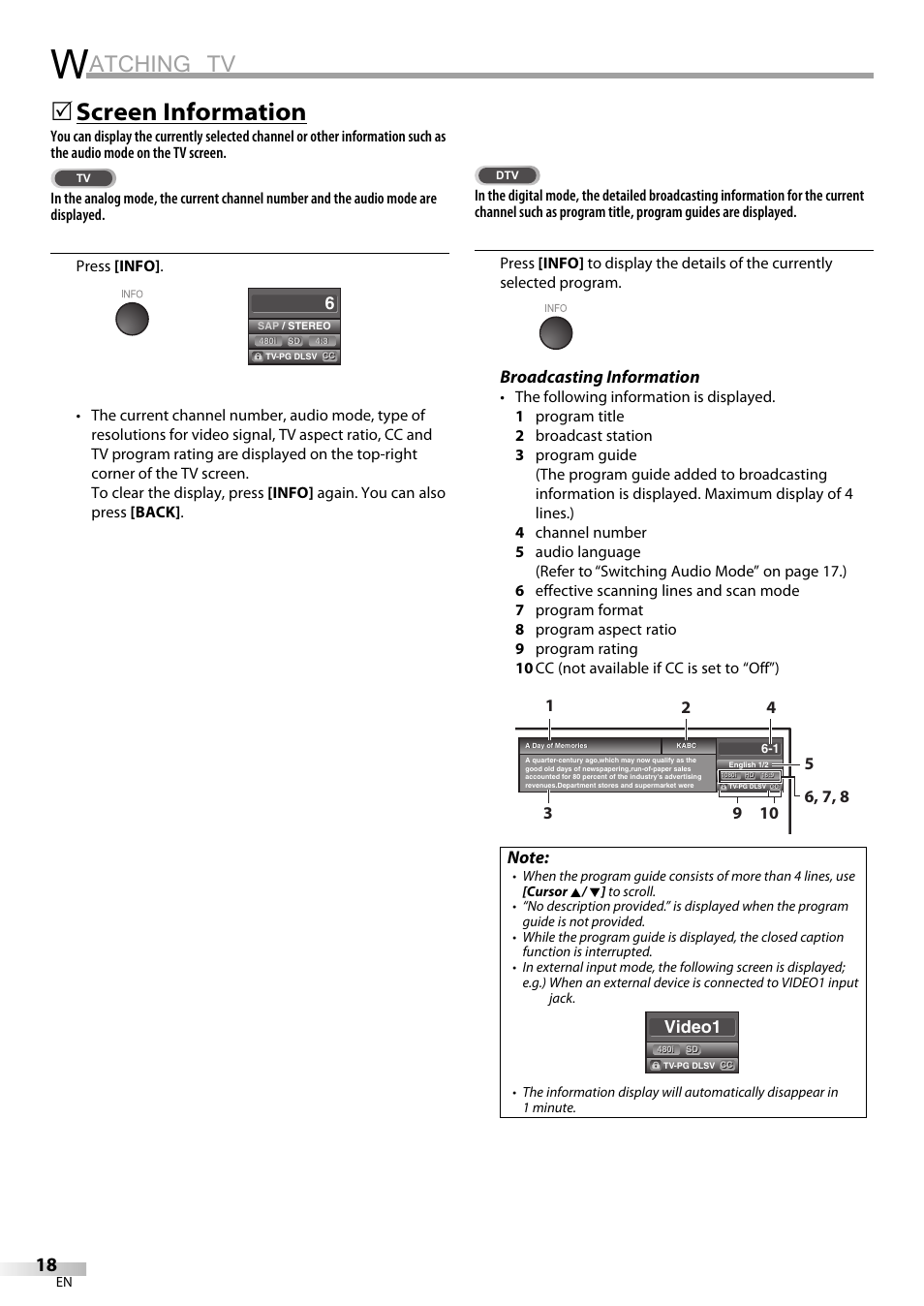 Atching tv, Screen information, Broadcasting information | Video1 | Sylvania LC320SS9 B User Manual | Page 18 / 76