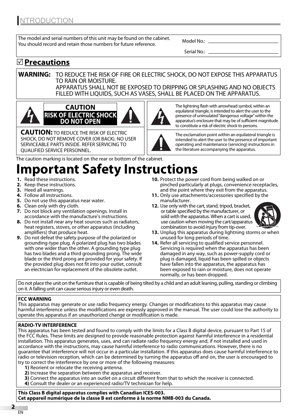 Important safety instructions, Ntroduction, Precautions 5 | Sylvania LC320SS9 B User Manual | Page 2 / 76