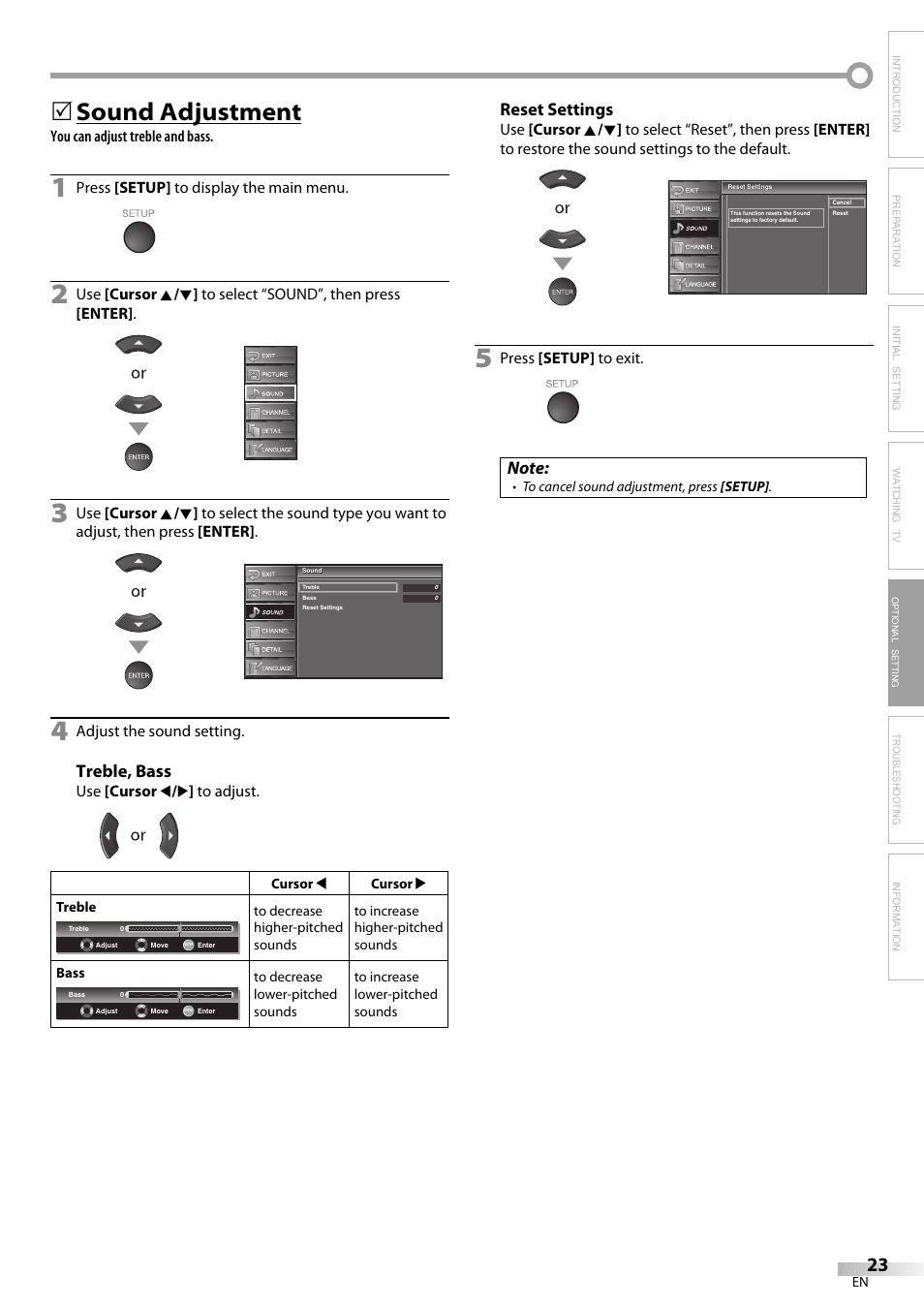 Sound adjustment, Treble, bass, Reset settings | Sylvania LC320SS9 B User Manual | Page 23 / 76