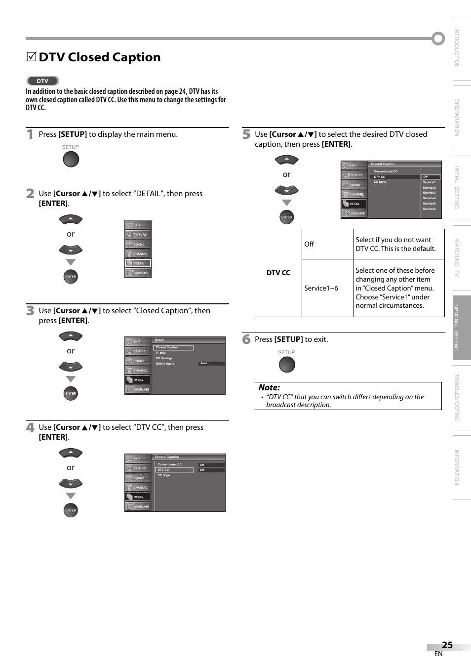 Dtv closed caption, Troubleshooting information | Sylvania LC320SS9 B User Manual | Page 25 / 76