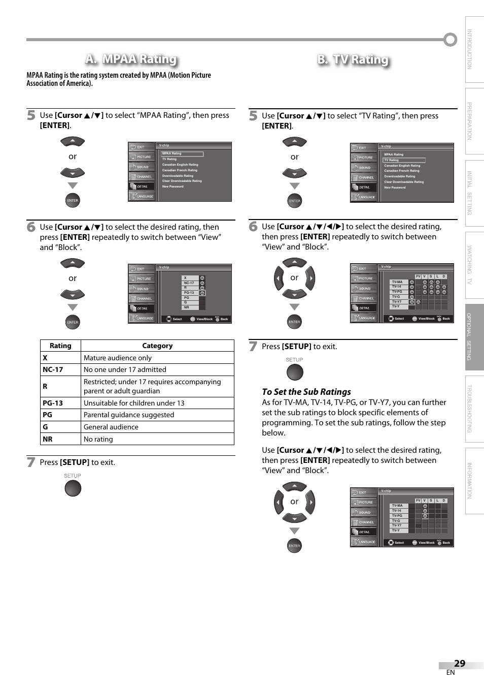A. mpaa rating, B. tv rating, Troubleshooting information | Press [setup] to exit, Optional setting | Sylvania LC320SS9 B User Manual | Page 29 / 76