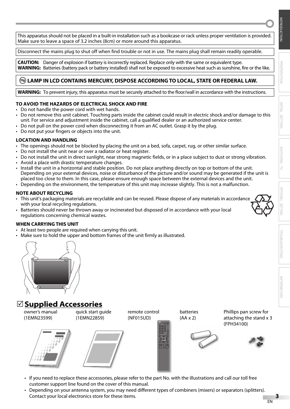 Supplied accessories 5 | Sylvania LC320SS9 B User Manual | Page 3 / 76