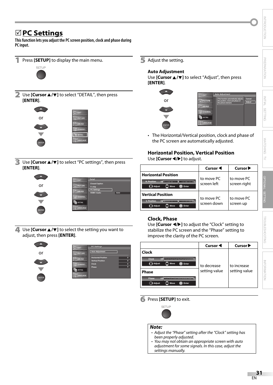 Pc settings, Horizontal position, vertical position, Clock, phase | Troubleshooting information, Press [setup] to display the main menu, Use [cursor s / b ] to adjust, Press [setup] to exit | Sylvania LC320SS9 B User Manual | Page 31 / 76