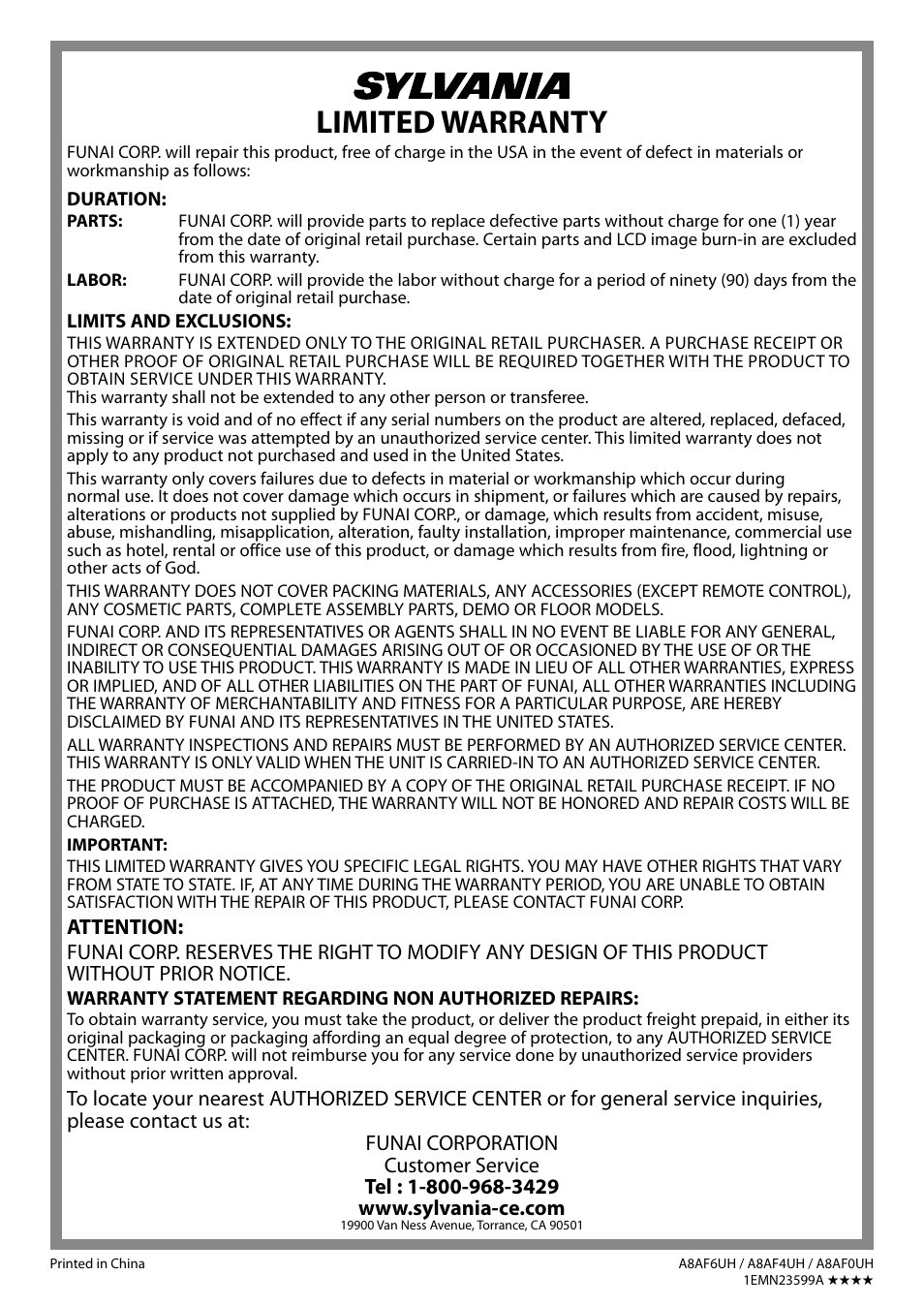 Limited warranty | Sylvania LC320SS9 B User Manual | Page 38 / 76