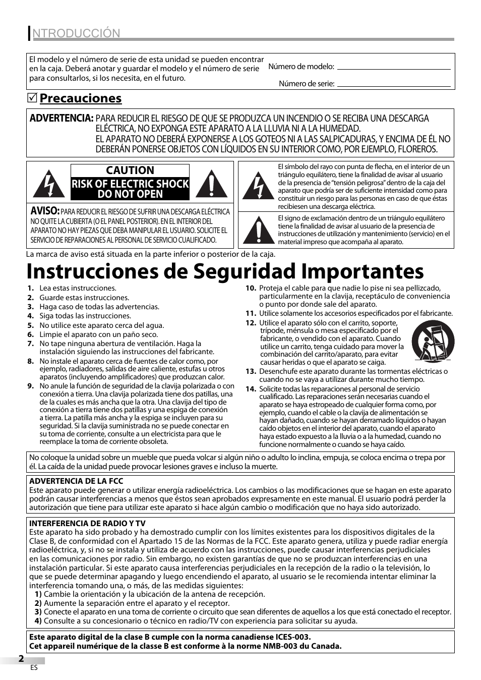 Instrucciones de seguridad importantes, Ntroducción, Precauciones 5 | Aviso, Caution risk of electric shock do not open | Sylvania LC320SS9 B User Manual | Page 40 / 76