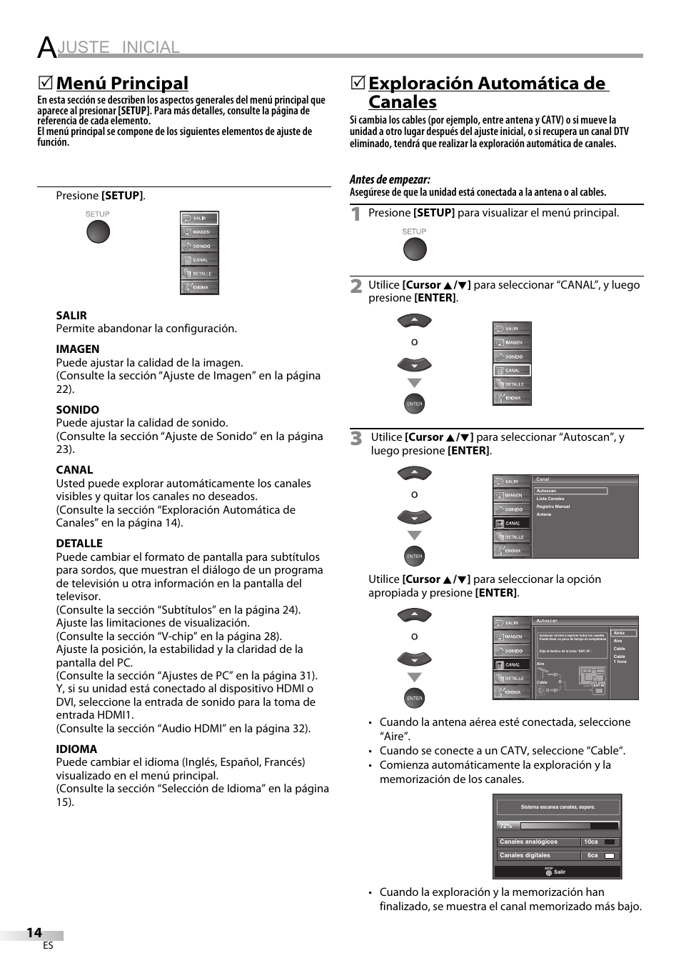 Juste inicial, Menú principal, 5exploración automática de canales | Sylvania LC320SS9 B User Manual | Page 52 / 76