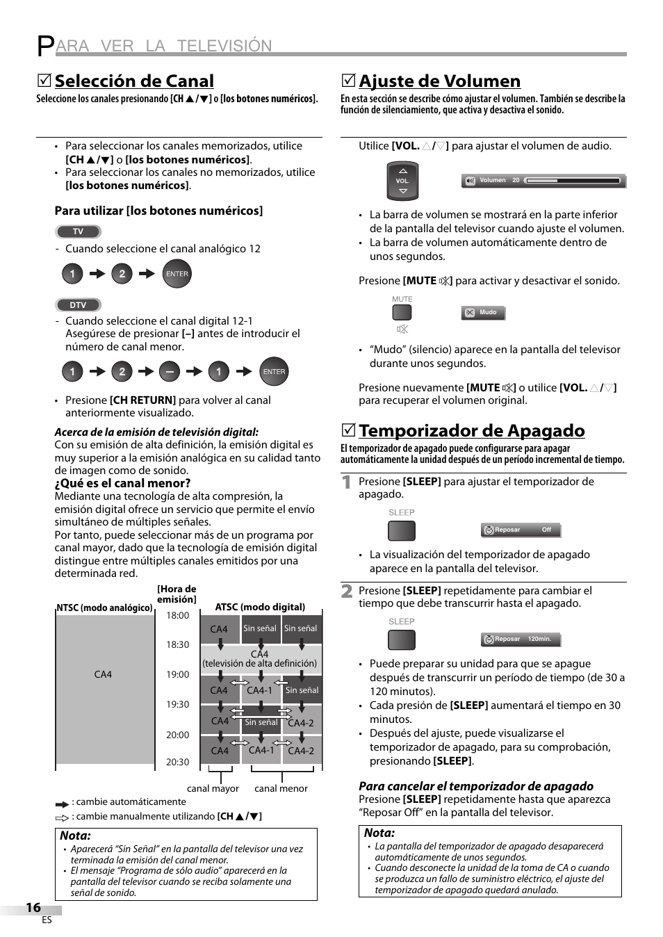 Ara ver la televisión, Selección de canal, Ajuste de volumen | Temporizador de apagado | Sylvania LC320SS9 B User Manual | Page 54 / 76