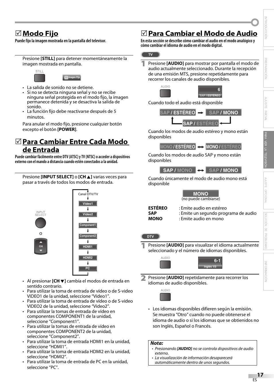 Modo fijo, Para cambiar entre cada modo de entrada, Para cambiar el modo de audio | Sylvania LC320SS9 B User Manual | Page 55 / 76
