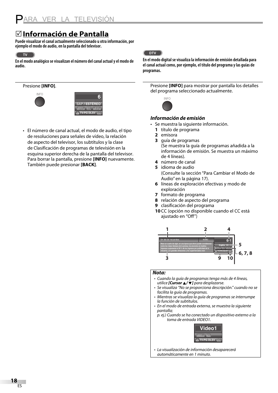 Ara ver la televisión, Información de pantalla, Información de emisión | Nota, Video1 | Sylvania LC320SS9 B User Manual | Page 56 / 76