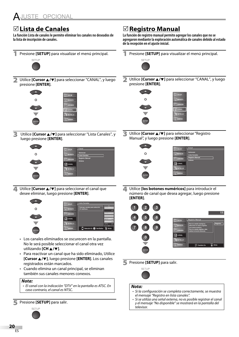 Juste opcional, Lista de canales, Registro manual | Nota | Sylvania LC320SS9 B User Manual | Page 58 / 76