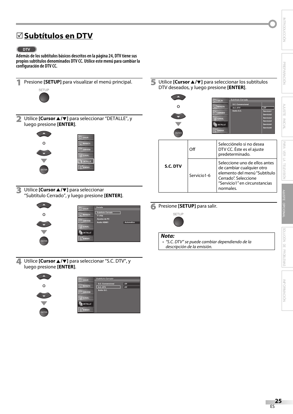 Subtítulos en dtv, Nota, Solución de problemas información | Sylvania LC320SS9 B User Manual | Page 63 / 76