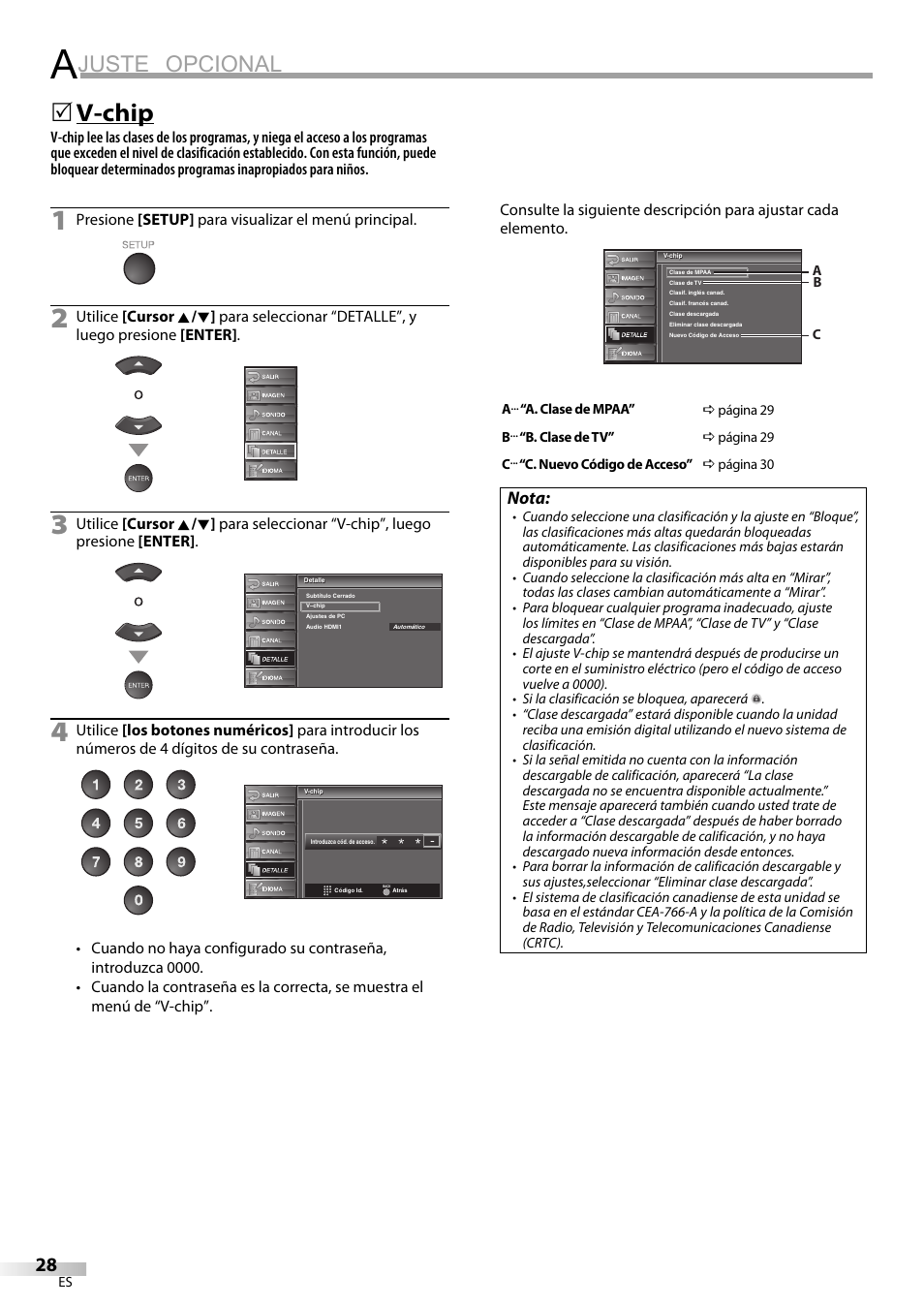 Juste opcional, V-chip, Nota | Sylvania LC320SS9 B User Manual | Page 66 / 76